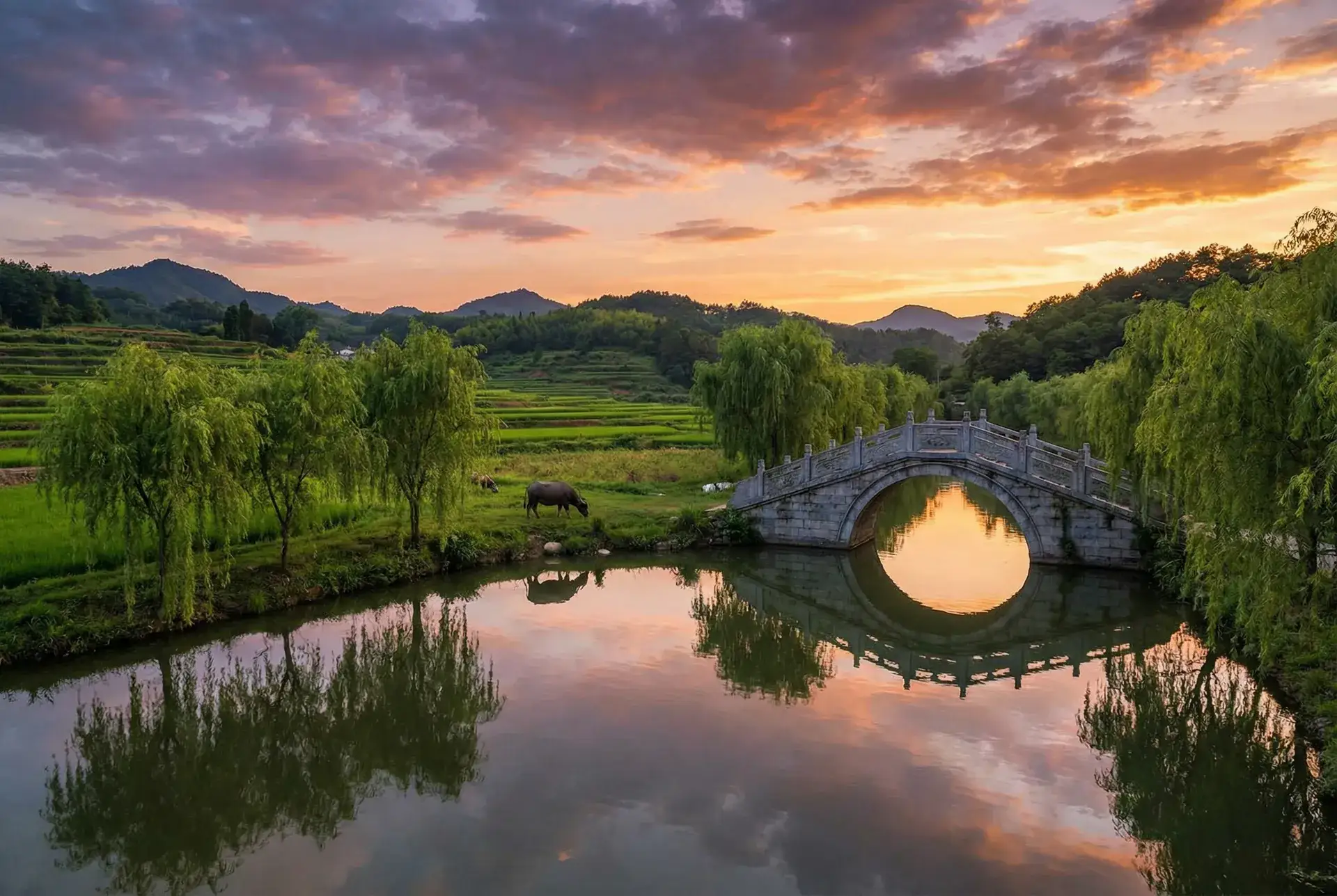 夕阳下的石拱桥与垂柳，水牛在河边吃草 - 凌晨三点看的片WWW高清 乡村美景